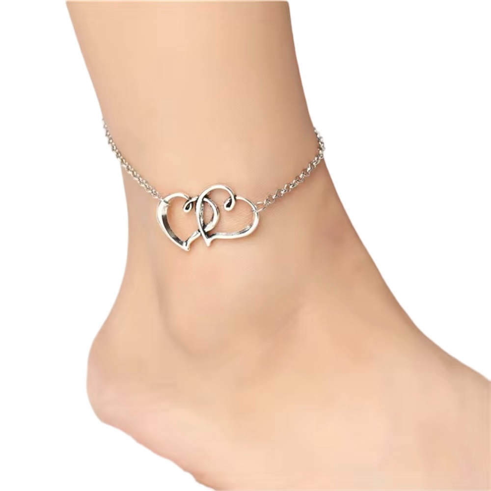 Silver Intertwined Double Heart Anklet